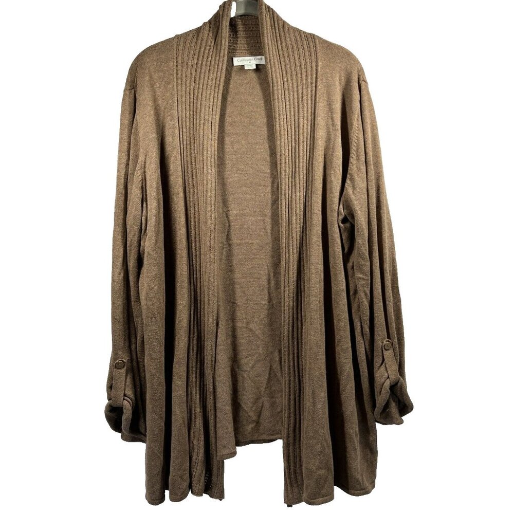 Coldwater Creek Women's Sweater Cardigan Open Size XL Brown Knit Roll Tab 3/4 SL